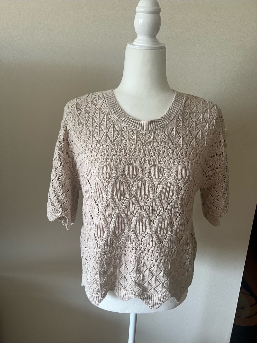 Splendid Beige Openwork Knit Scoop-Neck Sweater